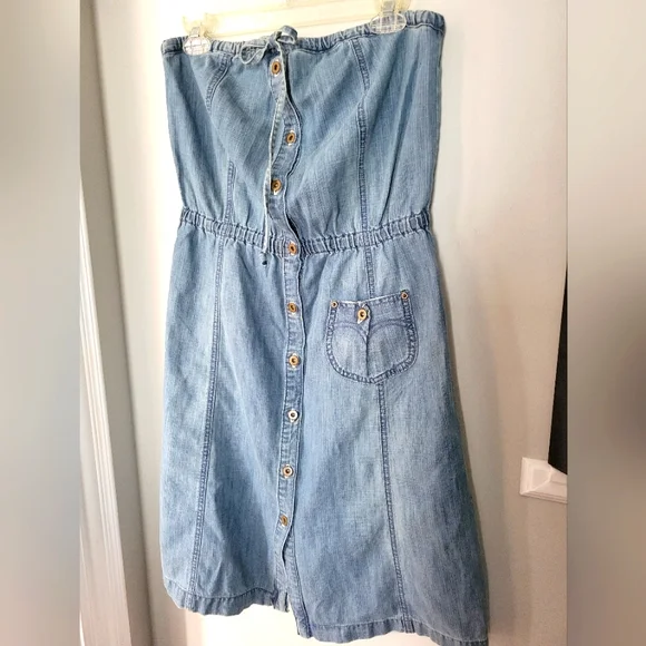 Y2K Levi's Strapless Cotton Denim Button Down Midi Length Dress - Picture 1 of 15